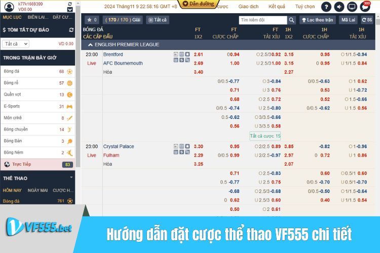 Hướng dẫn tham gia đặt cược thể thao VF555 chi tiết nhất