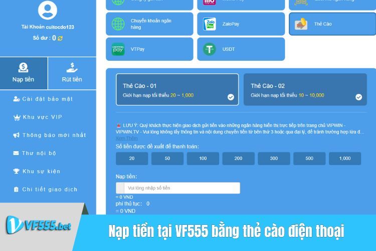 Nạp tiền tại VF555 bằng thẻ cào điện thoại