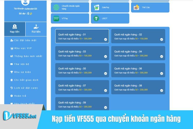 Nạp tiền VF555 qua chuyển khoản ngân hàng